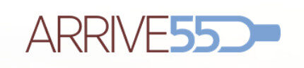 Logo with the text ARRIVE55 where 55 forms the shape of a blue wine bottle.