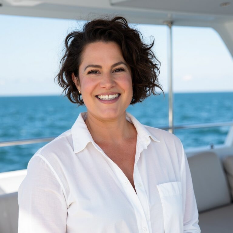 Woman with short curly hair smiling, wearing a white shirt, standing on a boat with the ocean in the background.