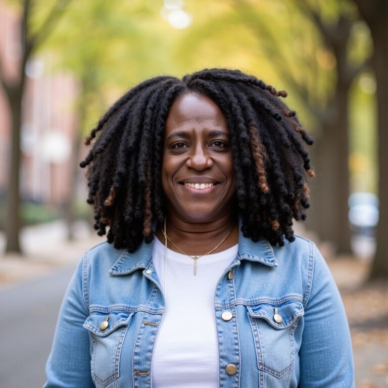 A woman with curly hair smiles outdoors, wearing a denim jacket and white shirt, with trees in the background.