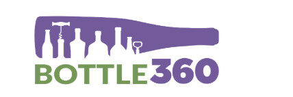 Logo with purple wine bottle silhouette, various bottle shapes, and green-and-purple text reading BOTTLE360.