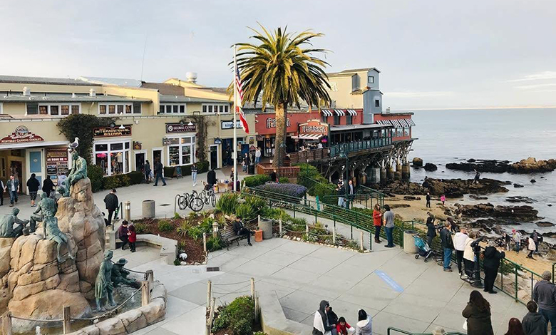 People walking near shops, a fountain, and a palm tree by the ocean on a partly cloudy day.