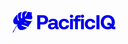 Blue PacificIQ logo with a stylized monstera leaf on the left, on a light gray background—created for the Direct to Consumer Wine Symposium.