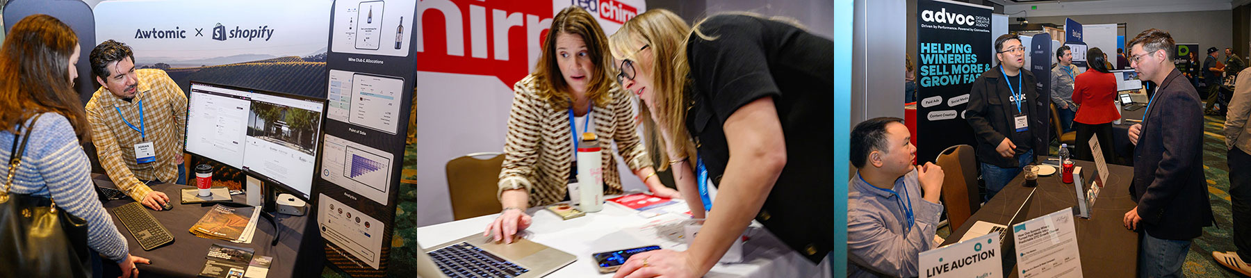 Three scenes of people interacting with sponsors at business conference booths, featuring engaging displays, laptops, and promotional materials.