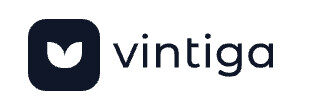 A dark blue leaf icon next to the word vintiga in lowercase, modern font.