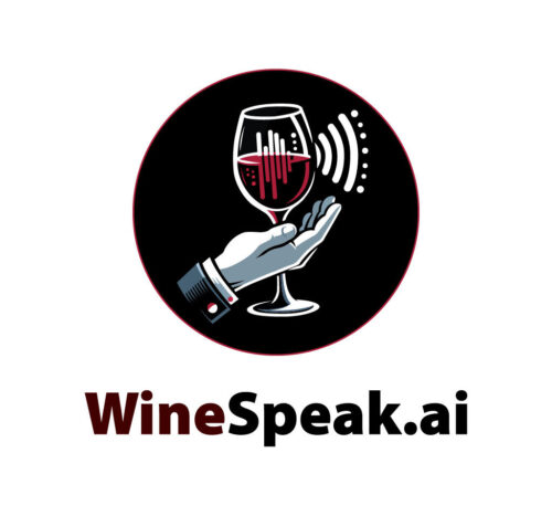 A hand holding a wine glass with sound waves, above the text WineSpeak.ai on a white background.